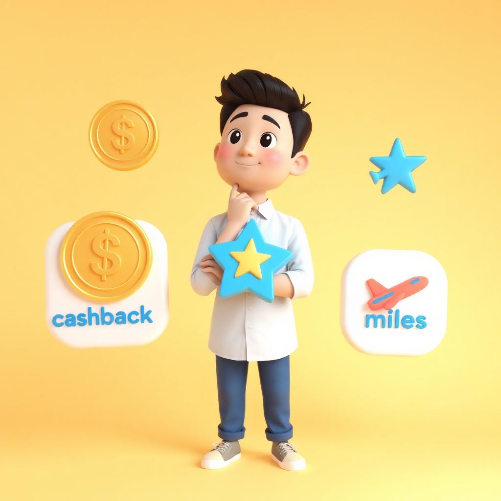 Playful 3D illustration of a Filipino professional choosing between cashback, points, and miles reward icons on a warm cream background