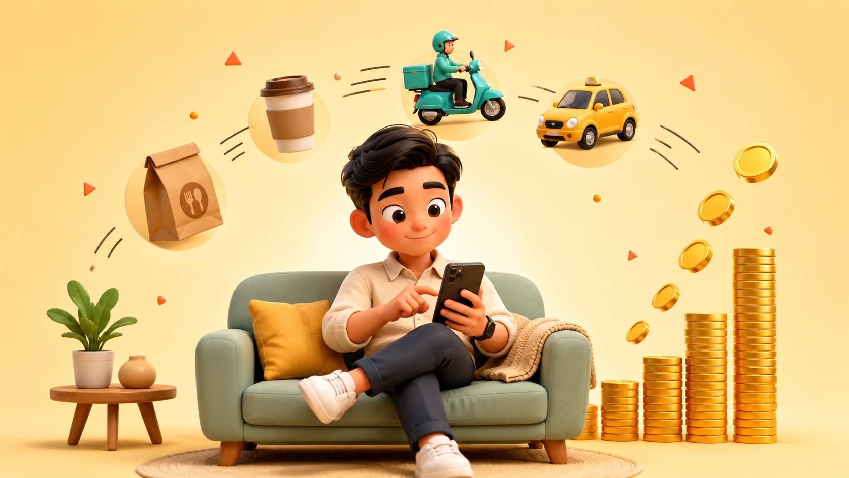 Cartoon professional relaxing on a couch tapping a phone while food-delivery bags, a rider, a taxi, and a rising stack of coins float around