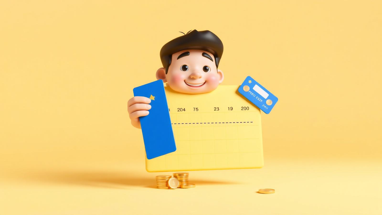 Playful 3D illustration of a Filipino professional holding a calendar and credit card, with a dotted timeline and peso coins on a warm yellow background