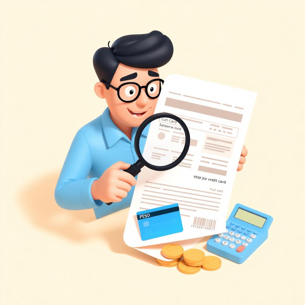 Playful 3D illustration of a Filipino professional reading a credit card statement with a magnifying glass, with a credit card, calculator, and peso coins on a warm cream background