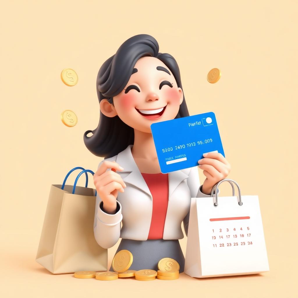 Playful 3D illustration of a smiling Filipino young professional holding a blue credit card, with peso coins, shopping bags, and a small calendar on a warm cream background