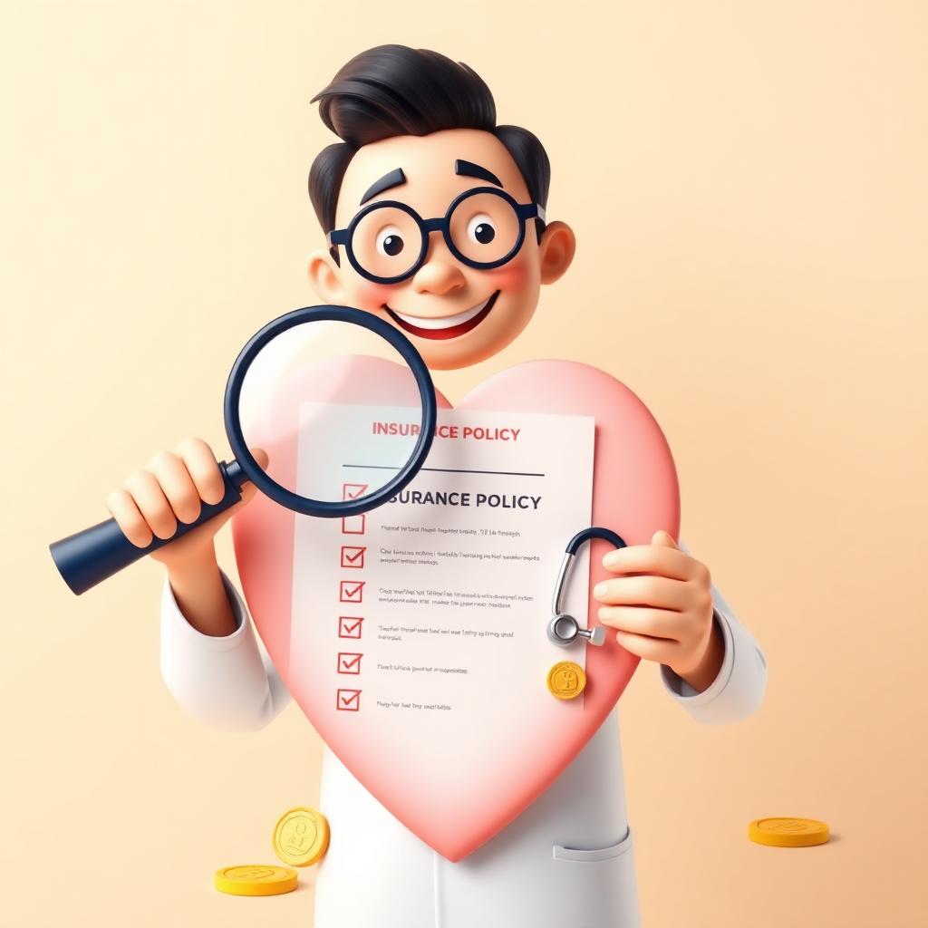 Playful 3D illustration of a smiling Filipino doctor examining a heart-shaped insurance policy with a magnifying glass