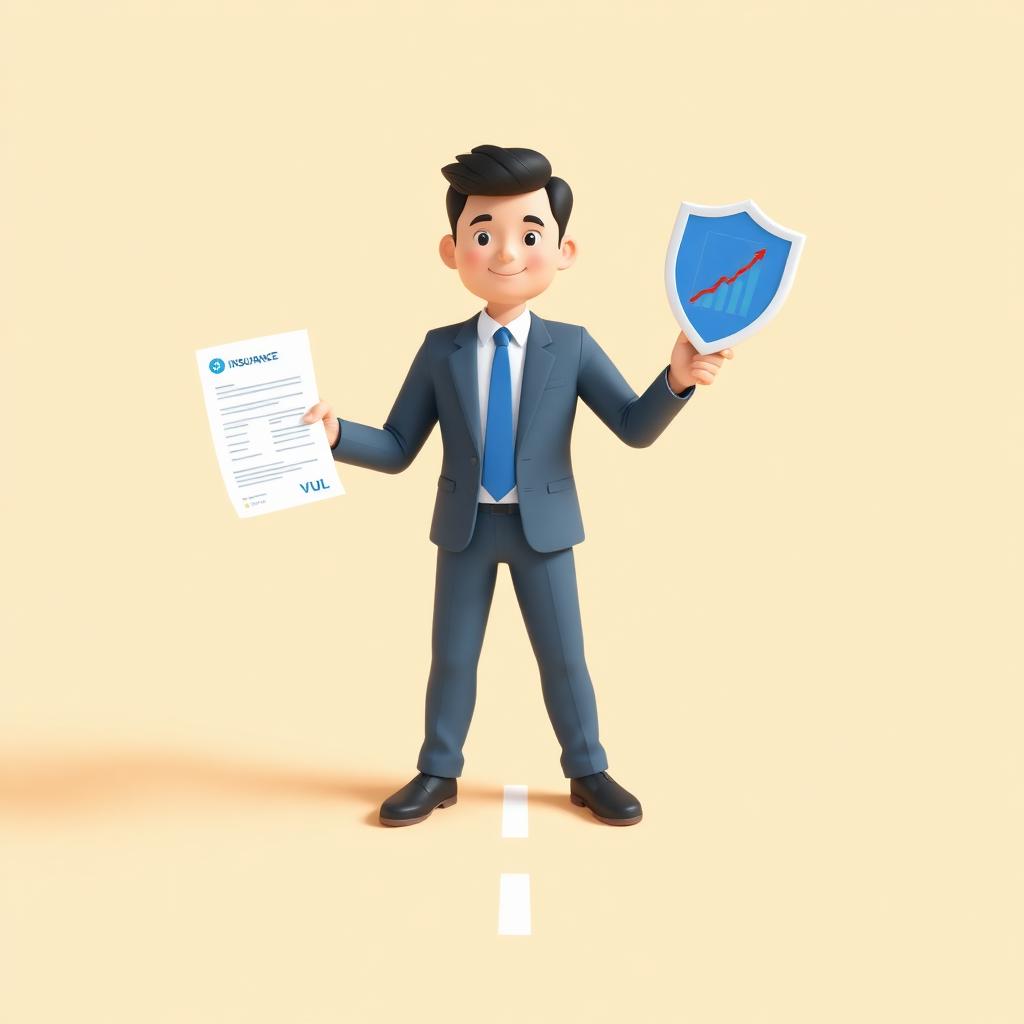 Playful 3D illustration of a Filipino professional standing at a forked road, holding a VUL policy document and a separate insurance shield with an investment chart on a warm cream background