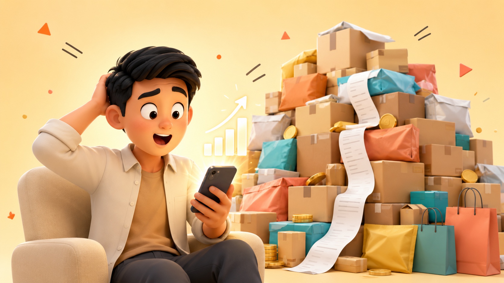 Cartoon professional scratching his head in surprise at his phone beside a large pile of online-shopping parcels and a long curling receipt
