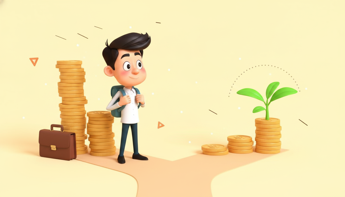 Cartoon professional with a backpack at a fork in the road, leaving a tall stack of coins and briefcase for a smaller stack with a growing plant