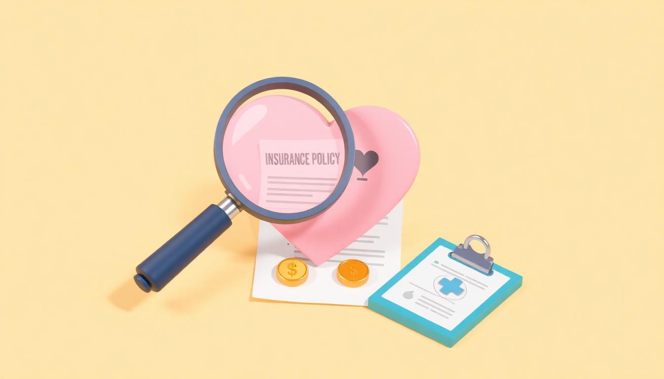 Playful 3D illustration of a magnifying glass over a heart-shaped insurance policy document, with a claim form and peso coins on warm cream background