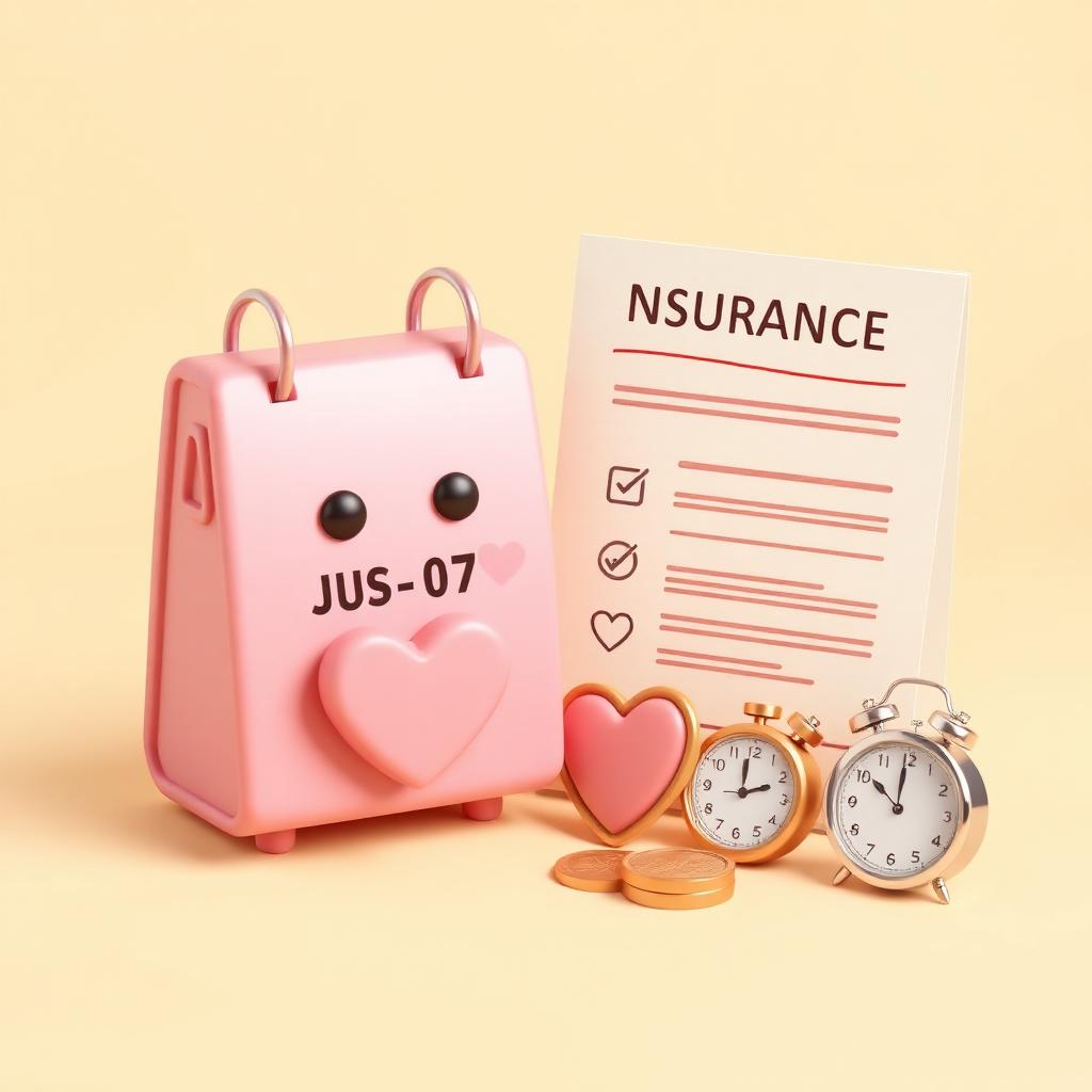 Playful 3D illustration of a smiling calendar with a due date, a heart-shaped insurance policy, peso coins, and small clocks on a warm cream background