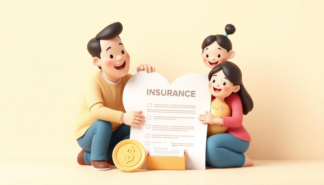 Playful 3D illustration of a Filipino family holding a heart-shaped insurance policy document, with a small folder and a peso coin on a warm cream background