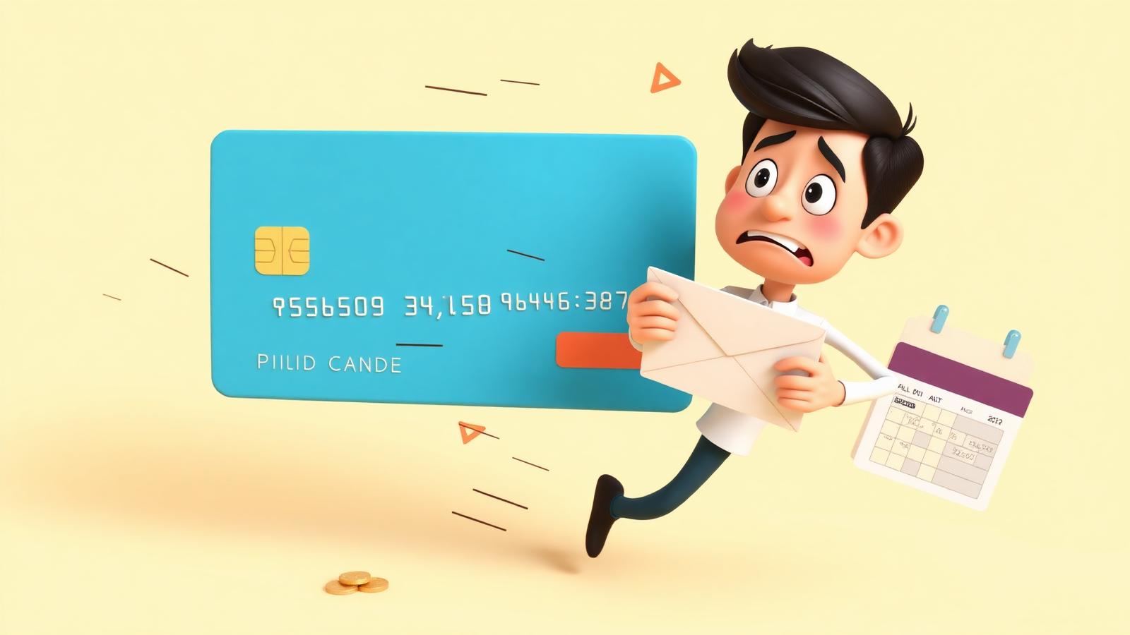 Playful 3D illustration of a worried Filipino professional holding a paycheck while a large credit card bill and calendar chase behind on a warm cream background