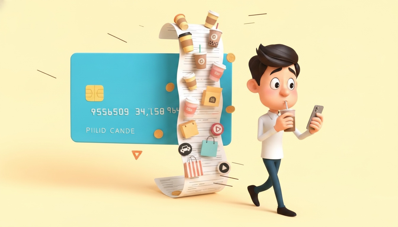 Cartoon professional sipping coffee while small purchases pile up into a long receipt beside a giant credit card
