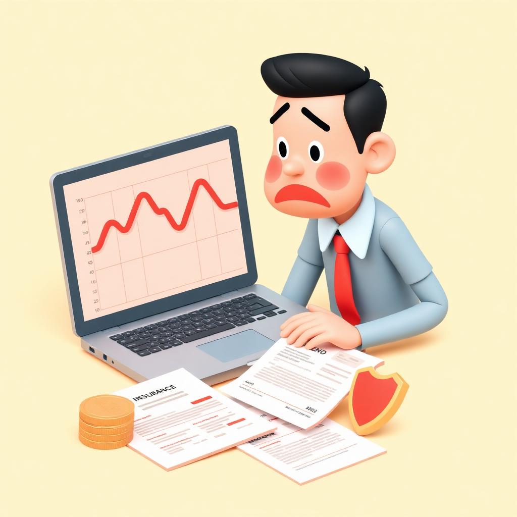 Playful 3D illustration of a worried Filipino professional looking at a laptop showing a downward-trending chart, with insurance documents and peso coins on a warm cream background